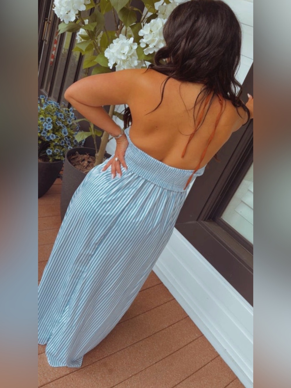 Blue & White Pinstripe with Brown Trim Halter Dress - Picture 3 of 4